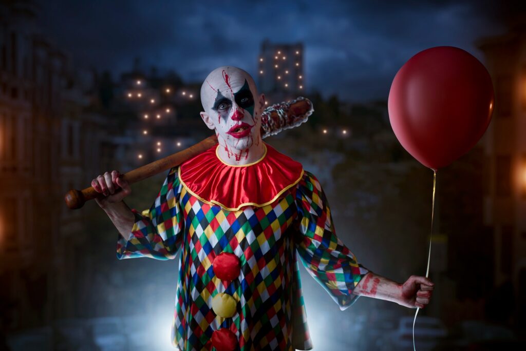 Scary bloody clown with baseball bat and balloon