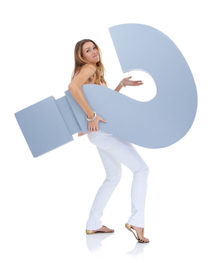 Full length studio shot of a confused-looking woman carry a large question mark